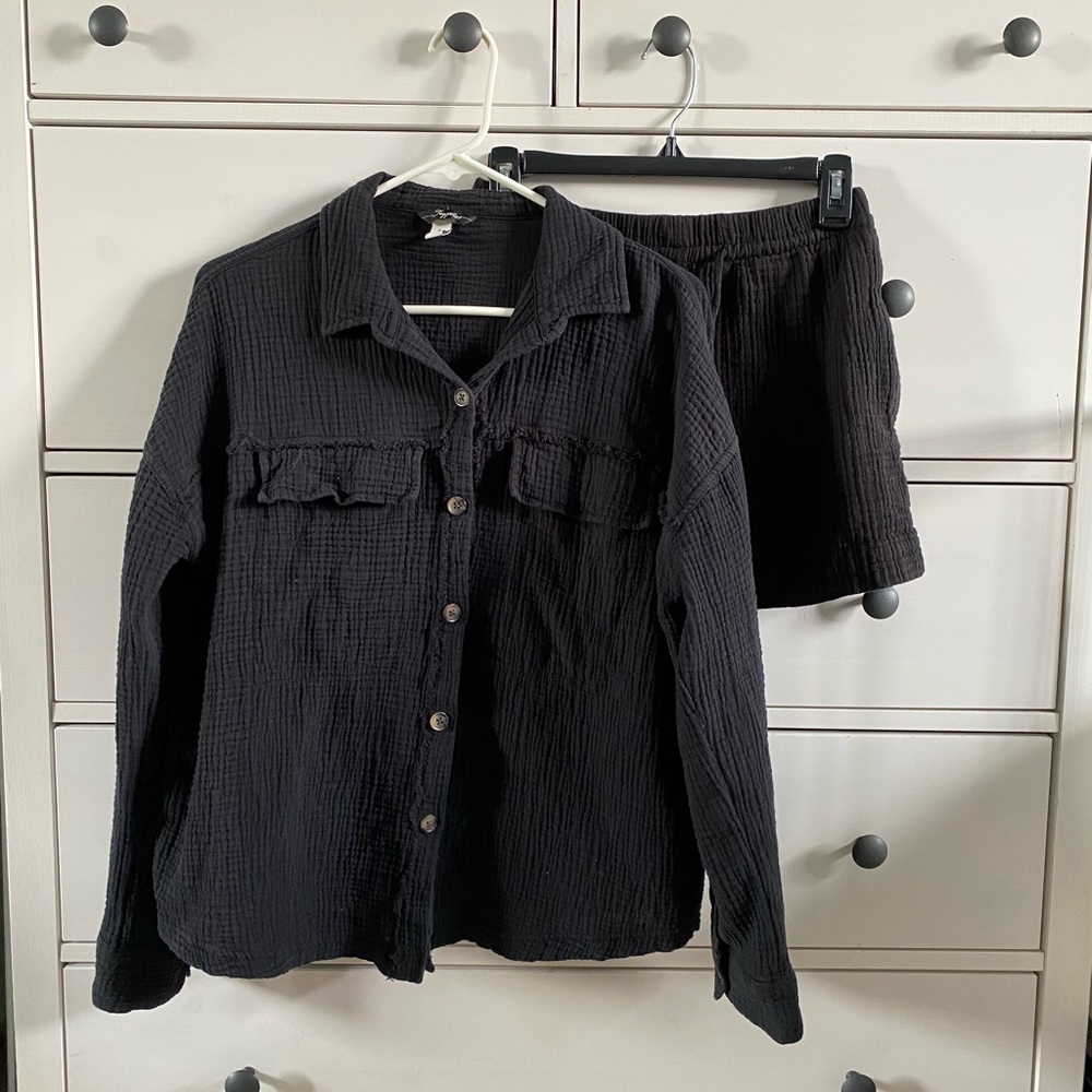 Black button up long sleeve and shorts set